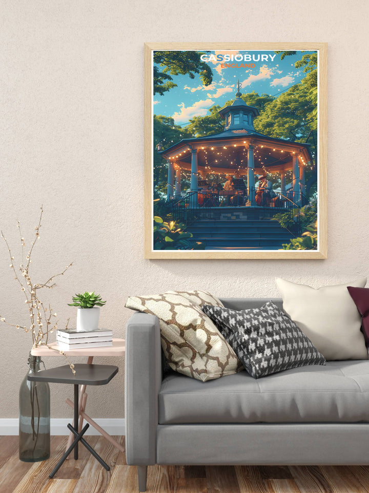 Springtime at Cassiobury Park Bandstand with blooming flowers and clear blue skies, immortalized in a beautiful art print