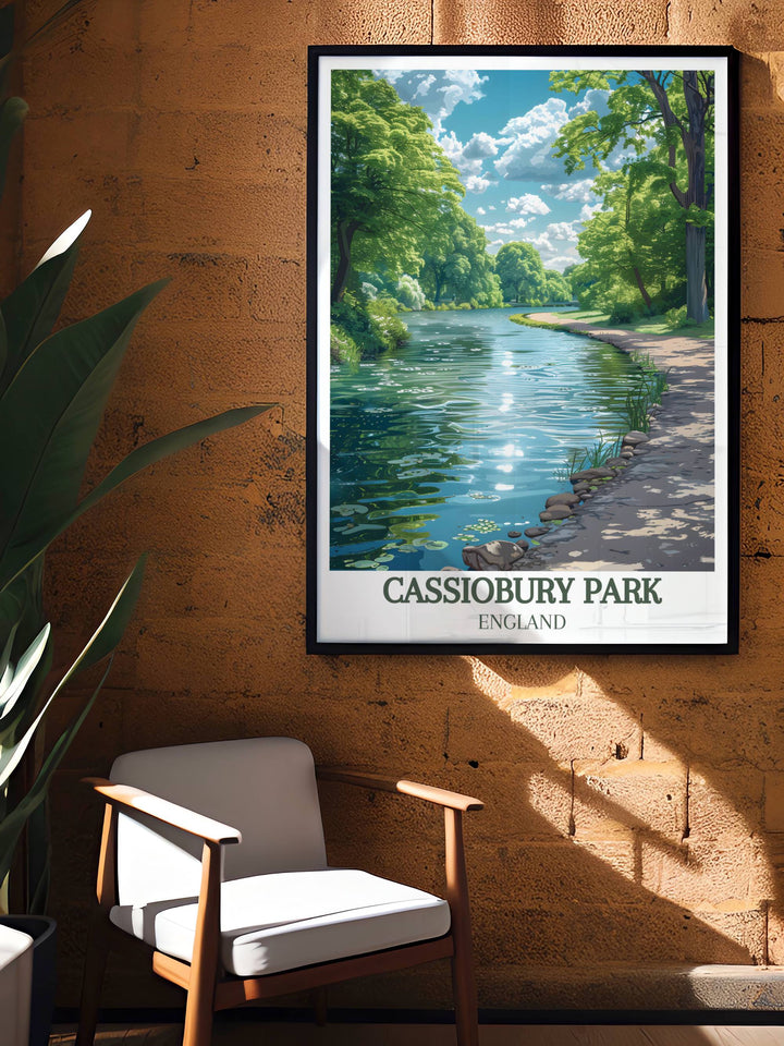Detailed depiction of Cassiobury Park Canal with reflections of overhanging trees in calm waters, perfect for sophisticated wall art