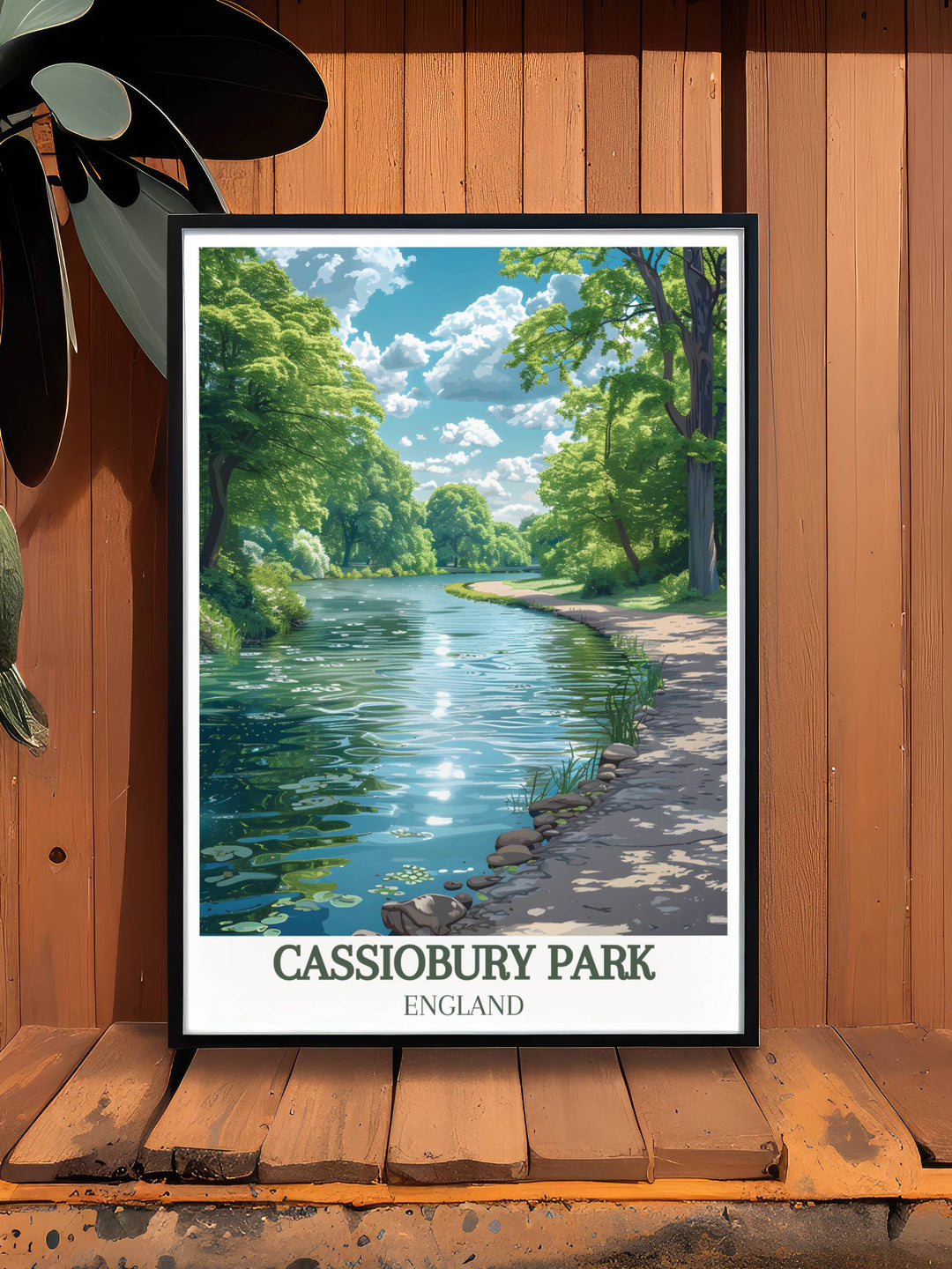 Summer at Cassiobury Park Canal, with lush greenery and tranquil water flow, captured in a high quality framed print
