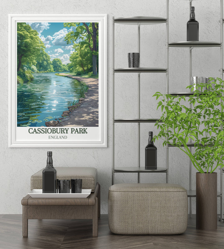Scenery at Cassiobury Park Canal, snow dusted trees and icy waters, ideal for a seasonal home decor refresh