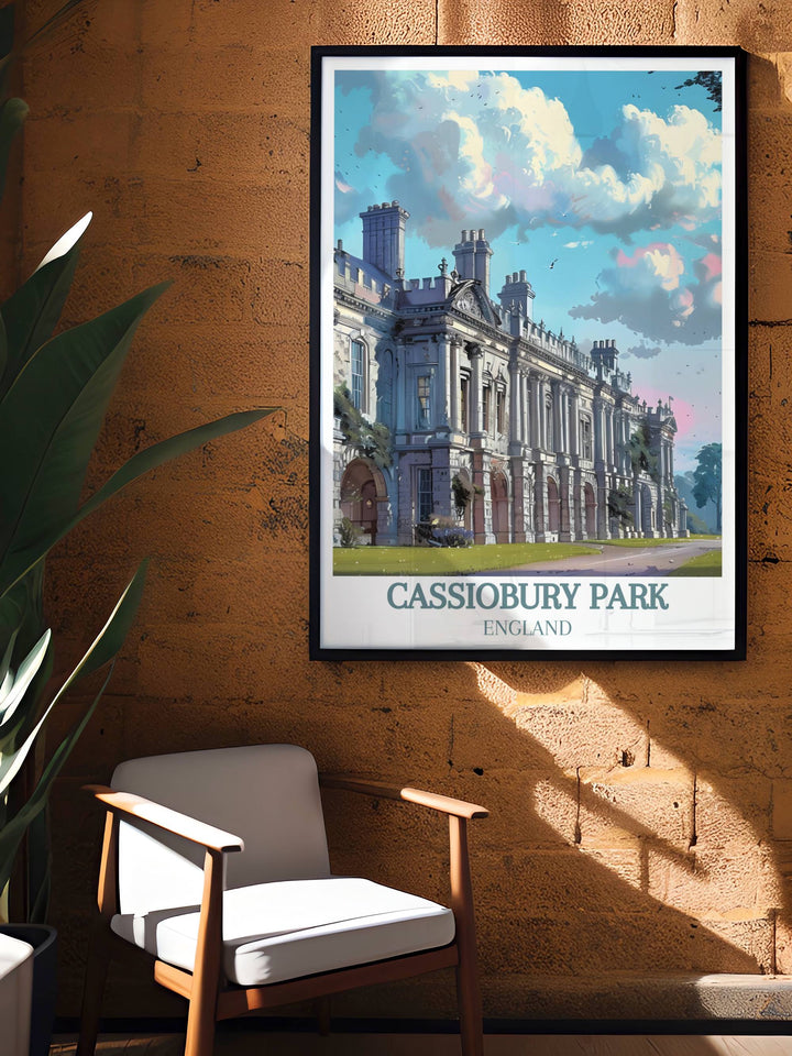 Majestic front view of Cassiobury Park Mansion, framed by ancient trees and vibrant green lawns, captured in a stunning art print