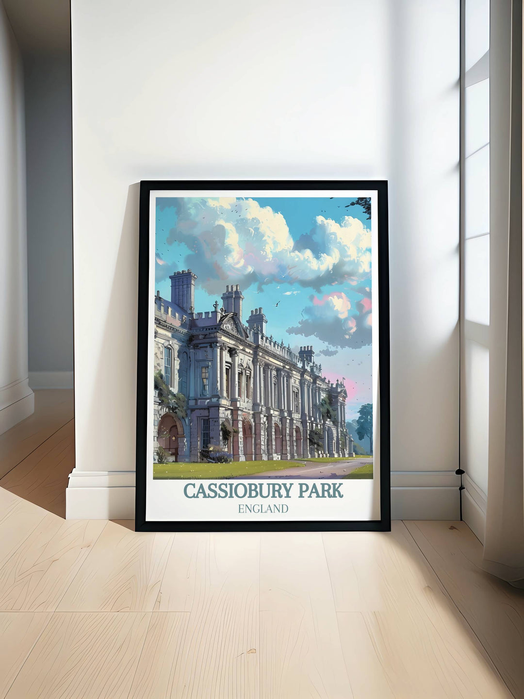 Cassiobury Park Mansion seen through the lush foliage of the park, blending natural and man-made beauty in an exquisite art piece