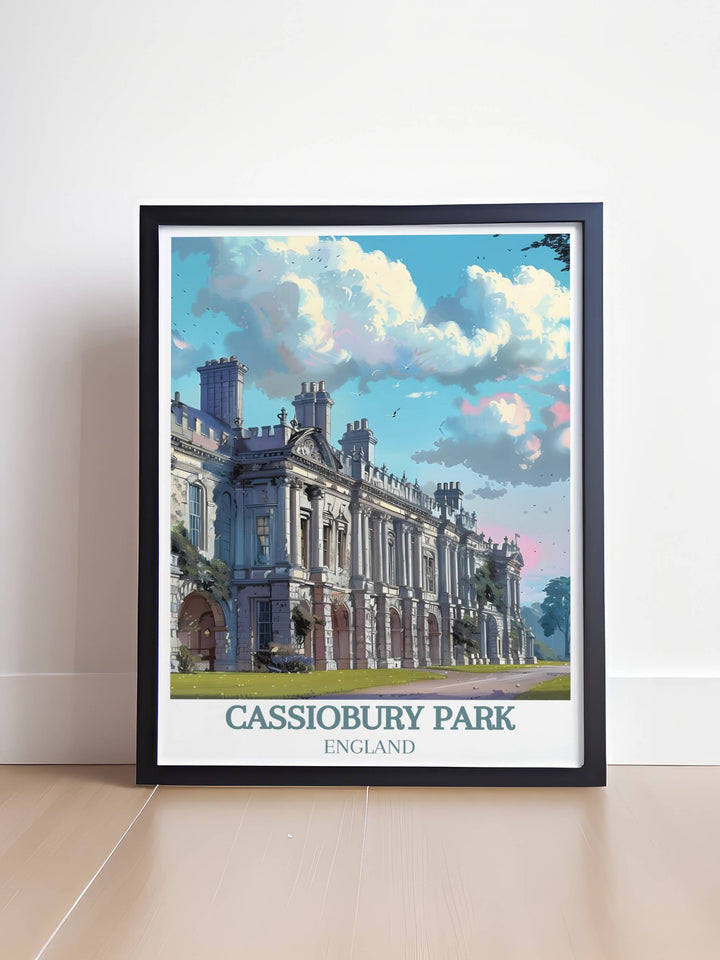 Detailed stonework of Cassiobury Park Mansion’s façade, emphasizing the craftsmanship and historical significance in a premium print