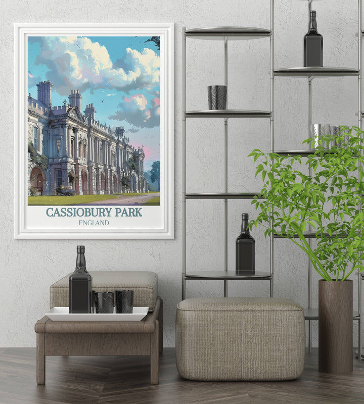 Artistic rendering of Cassiobury Park Mansion with a focus on its classic columns and stately windows, ideal for gallery wall art