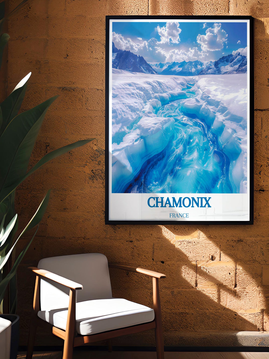  Detailed view of Mer de Glace showing its expansive icy terrain amidst the Chamonix Mont Blanc region, ideal for a travel poster