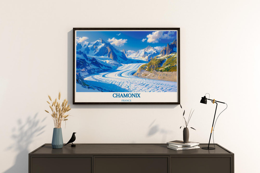 Detailed artistic interpretation of Mer de Glaces textures and colors, bringing the cold beauty of the glacier indoors