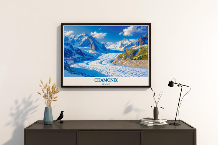 Detailed artistic interpretation of Mer de Glaces textures and colors, bringing the cold beauty of the glacier indoors