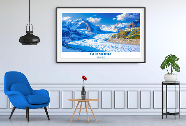  Mer de Glace in vivid detail, showcasing the sprawling ice and rugged Alpine terrain in a captivating Chamonix art print