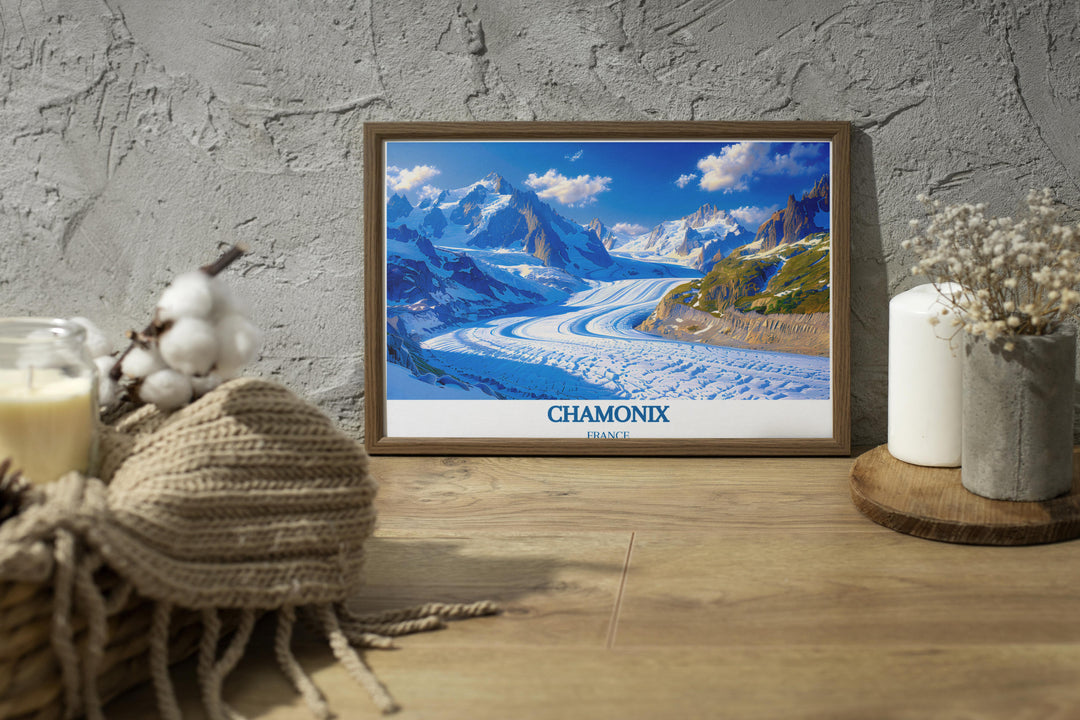 Dynamic view of a ski gondola over Mer de Glace, emphasizing the connection between Chamonixs ski culture and its natural beauty