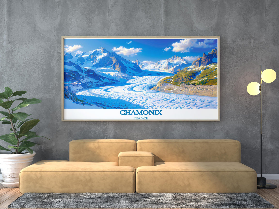 Sunset over Mer de Glace, the fading light casting a golden glow on the ice, rendered in exquisite wall art