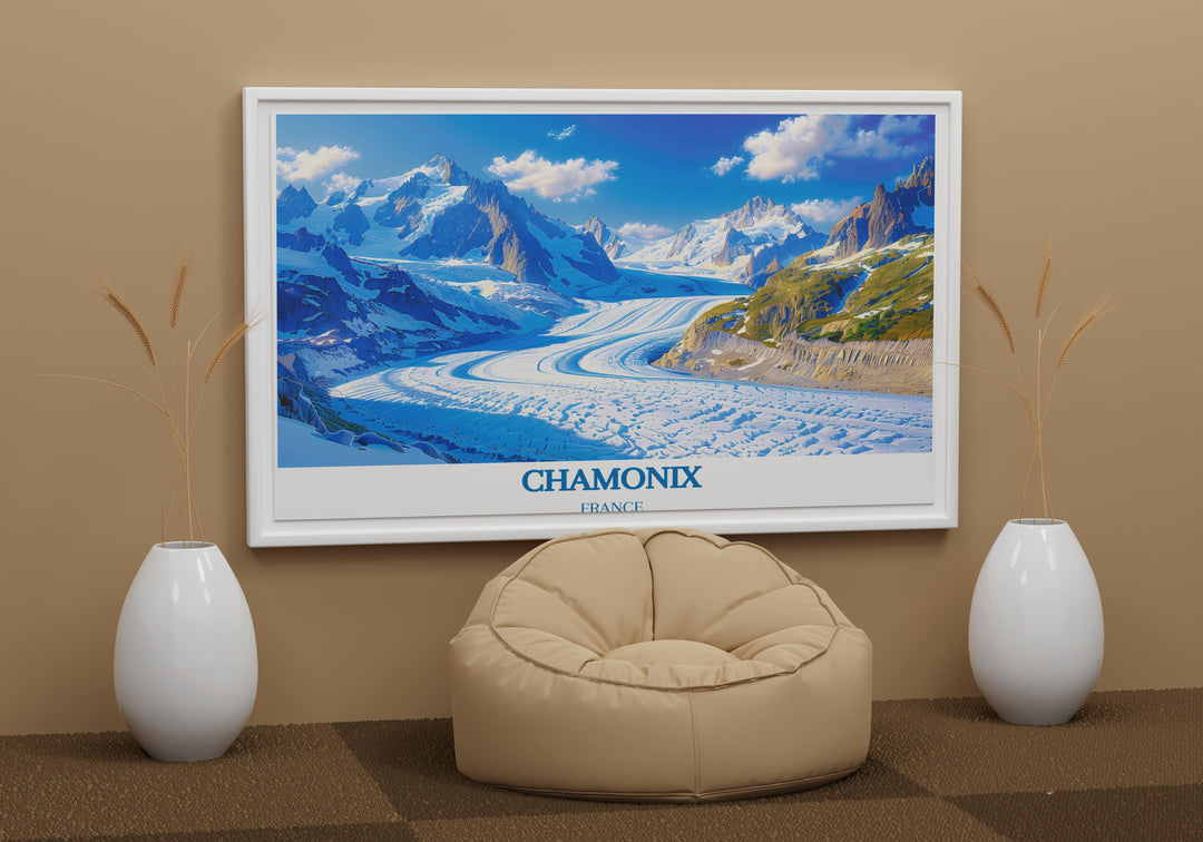 Aerial view of Mer de Glace, illustrating the expansive glacier against the backdrop of Chamonixs snowy peaks