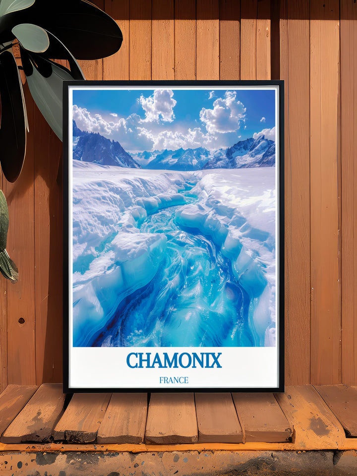 Mer de Glace captured in a tranquil moment, its vast ice field framed by Alpine peaks in a stunning wall art print