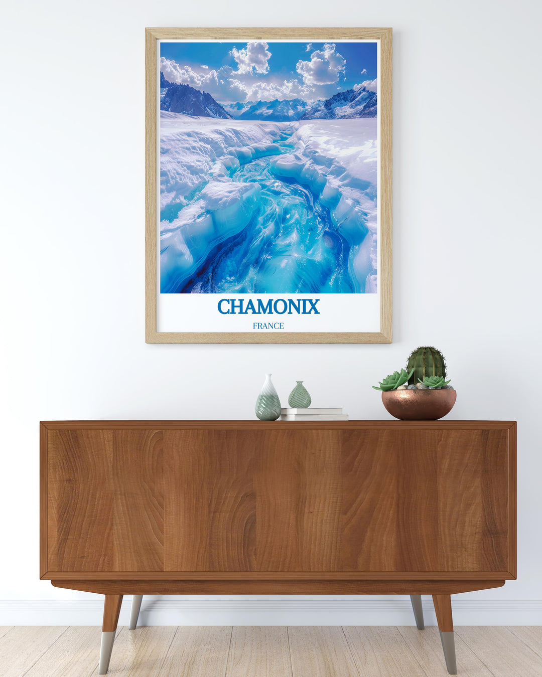 Chamonix valley overview featuring Mer de Glace, ski tracks and gondolas, encapsulated in a classic framed print