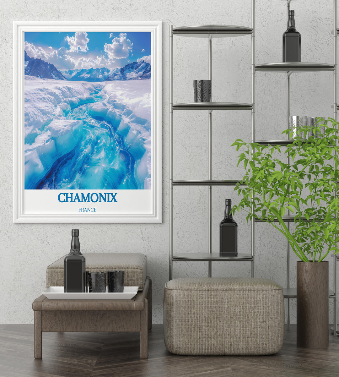 Winter at Mer de Glace, showcasing skiers and pristine snowscapes in a vibrant travel art print