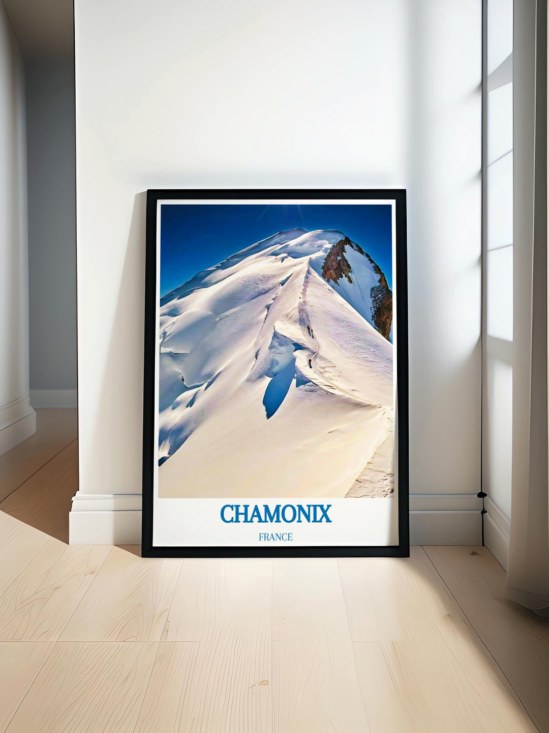  Majestic sunrise over Mont Blanc, showcasing its towering peak and glowing snowcaps in a breathtaking Chamonix framed printv