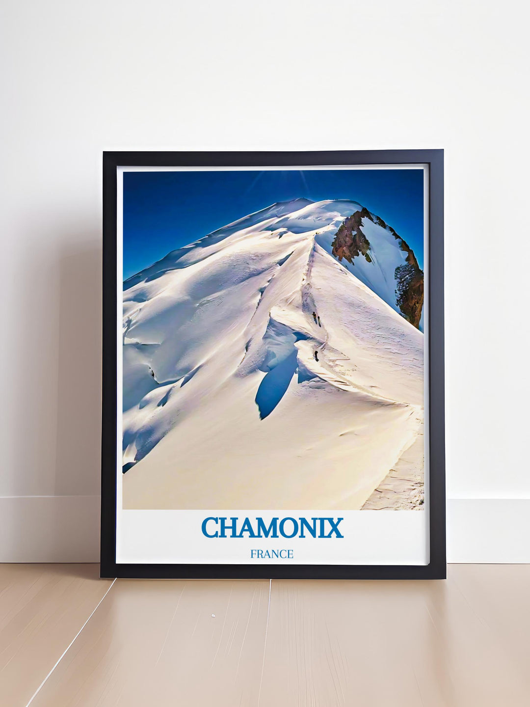 Aerial view of Mont Blanc during a clear day, highlighting the extensive snow fields and rugged terrain ideal for France canvas art