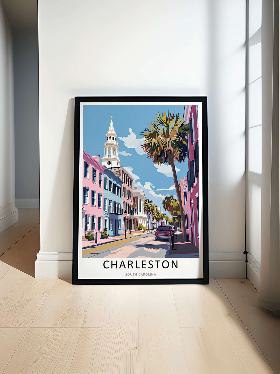 Retro style travel poster capturing the timeless, peaceful atmosphere of a sunny afternoon on the streets of Charleston South Carolina. Meticulously crafted by MapYourDreams and available as a canvas wrap, matted framed print, or poster.