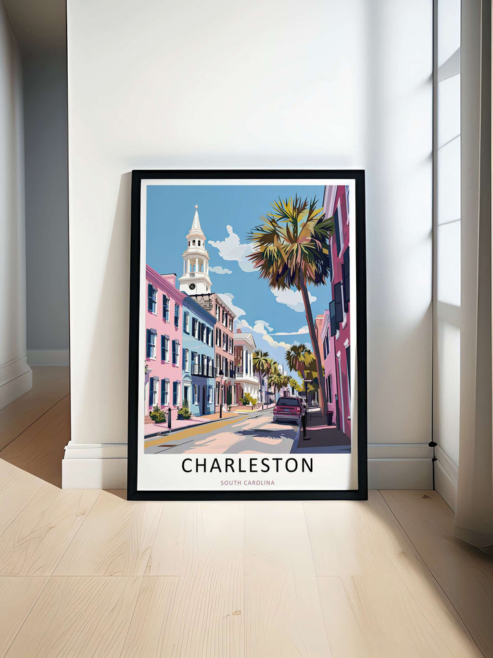 Retro style travel poster capturing the timeless, peaceful atmosphere of a sunny afternoon on the streets of Charleston South Carolina. Meticulously crafted by MapYourDreams and available as a canvas wrap, matted framed print, or poster.