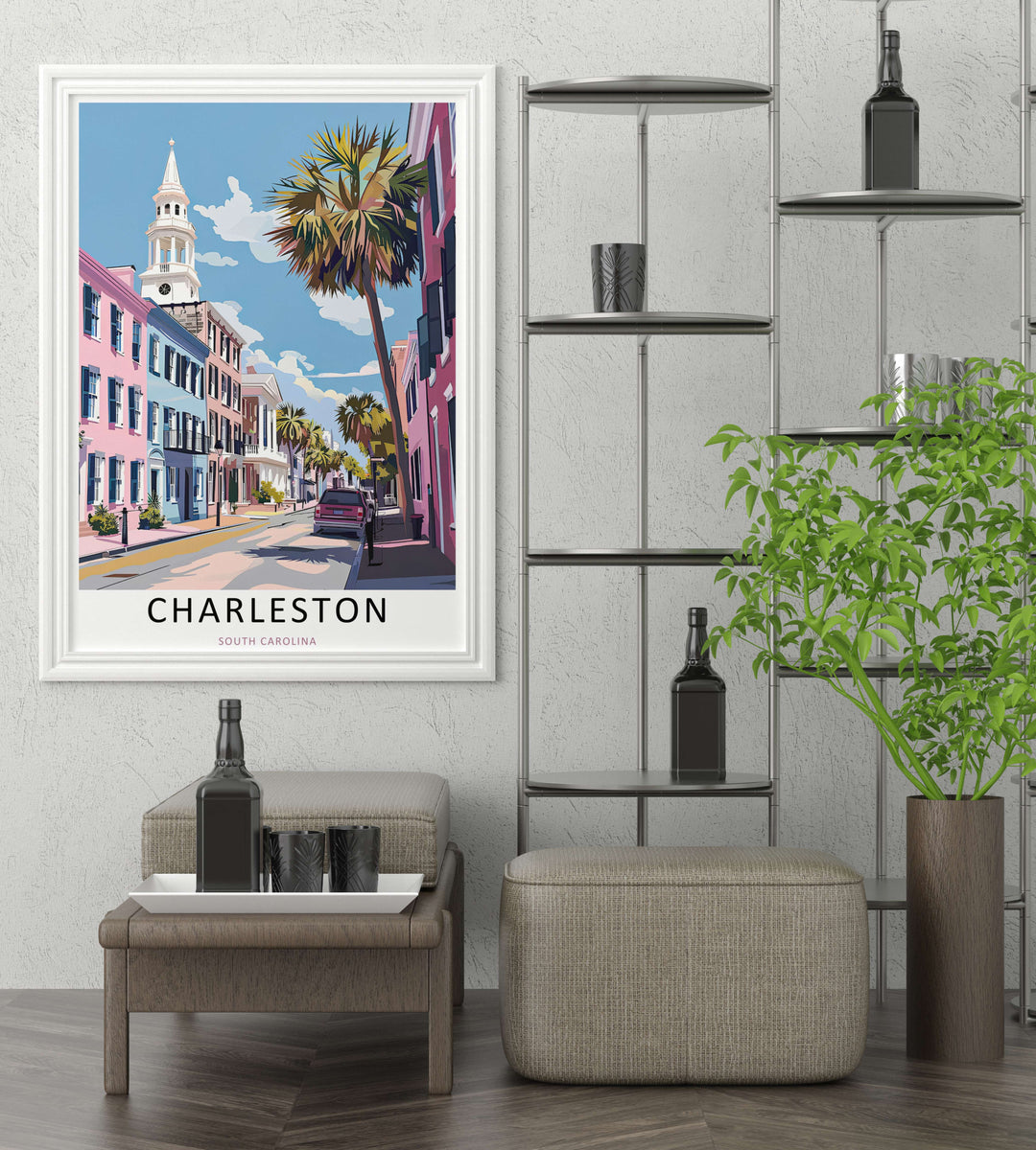 Charleston coastal print showing a vintage car parked along a historic pastel street layout with dark window shutters. High-quality wall decor available in versatile framed, canvas, and unframed print options.
