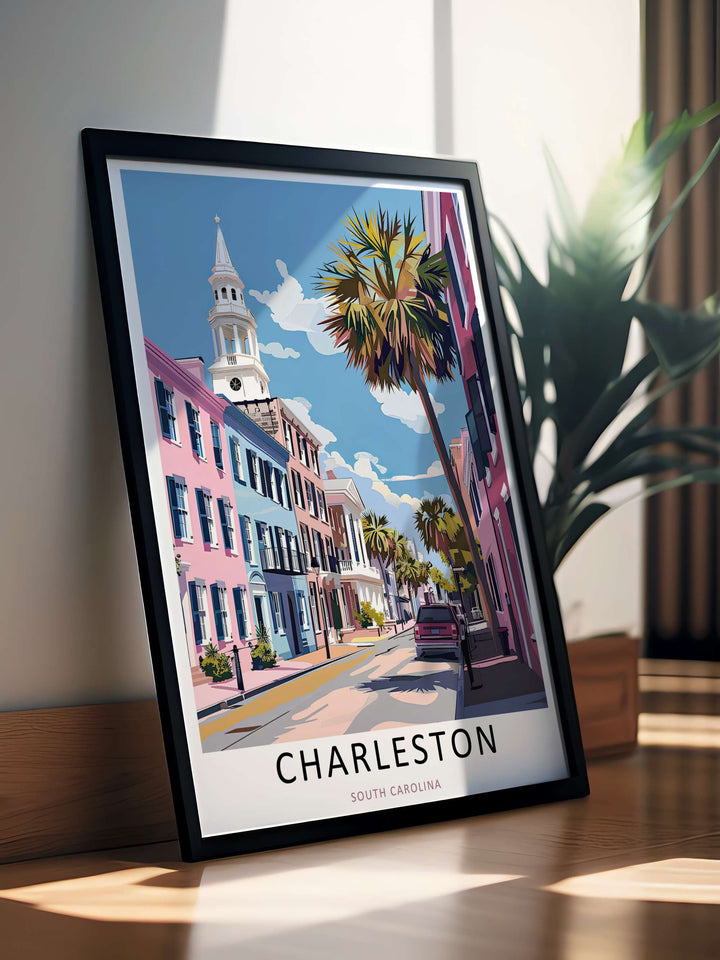 Charleston coastal architecture and classic pink row houses nestled along a sunny street scene. Upgrade your bedroom wall decor with this MapYourDreams design, available as a framed print or stretched canvas.