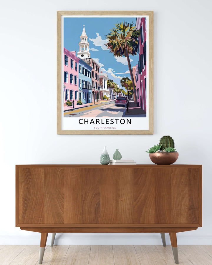 Charleston city street capturing fluffy white clouds and a majestic church tower with bright daylight reflections. This poster makes great southern home wall art as a canvas, framed print, or poster.