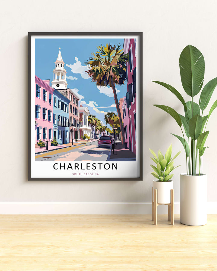 Charleston urban landscape sunset horizon lines behind a historic white spire with palm tree leaves in the foreground. A scenic travel poster from MapYourDreams, crafted expertly as an unframed print, wood-framed art, or canvas.