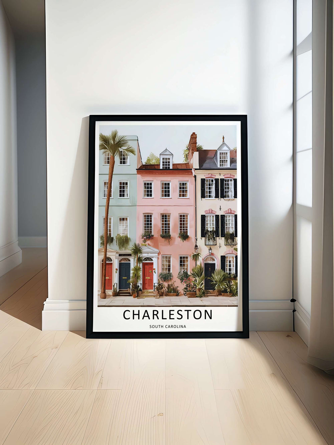 Charleston residential print showing window boxes filled with green plants and pink flowers on a pastel facade. High-quality wall decor available in versatile framed, canvas, and unframed print options.