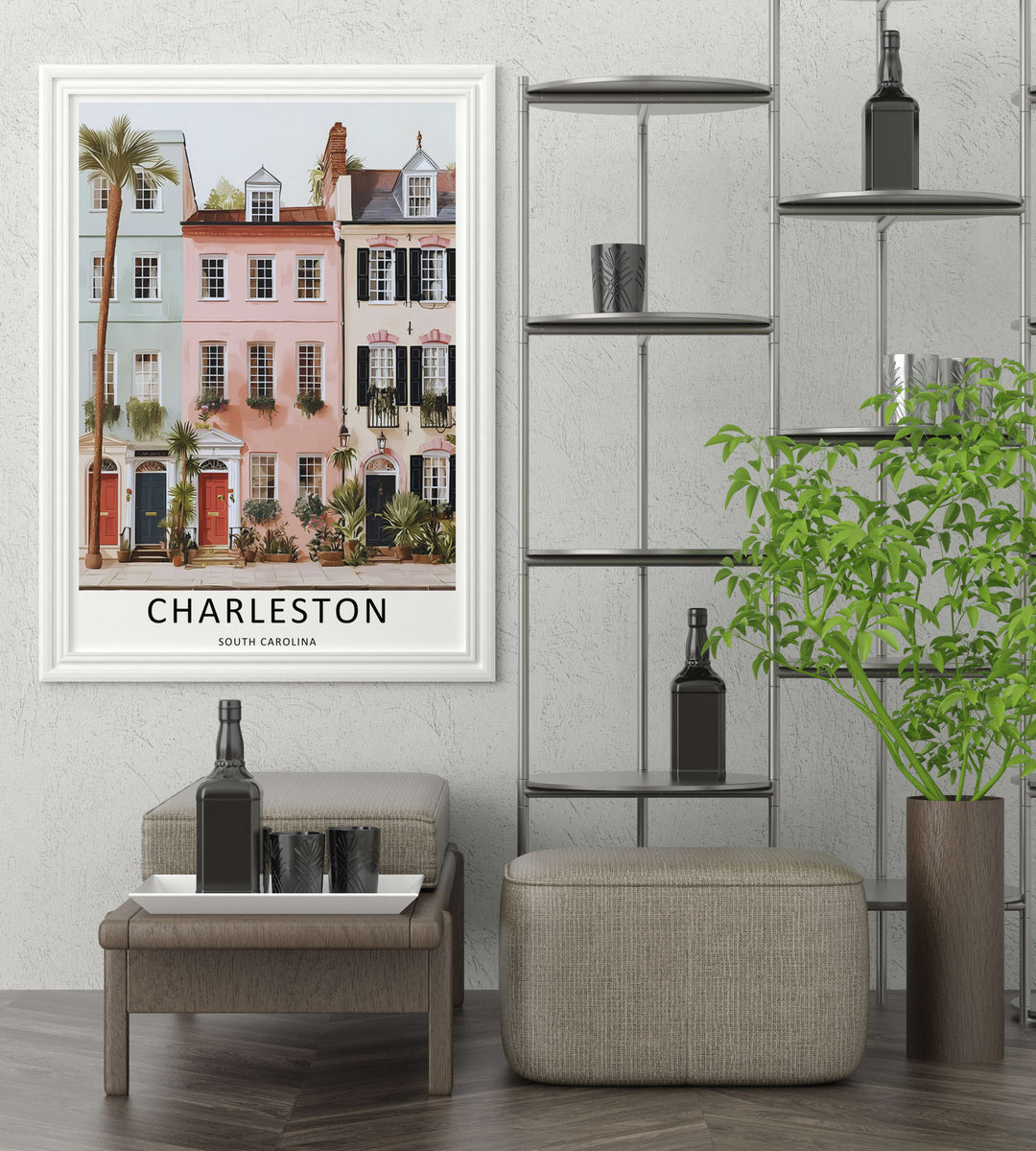 Charleston flat design realism travel poster illustrating the famous townhome architecture of South Carolina. This beautiful landscape wall art by MapYourDreams comes as an unframed poster, gallery canvas, or custom framed print.