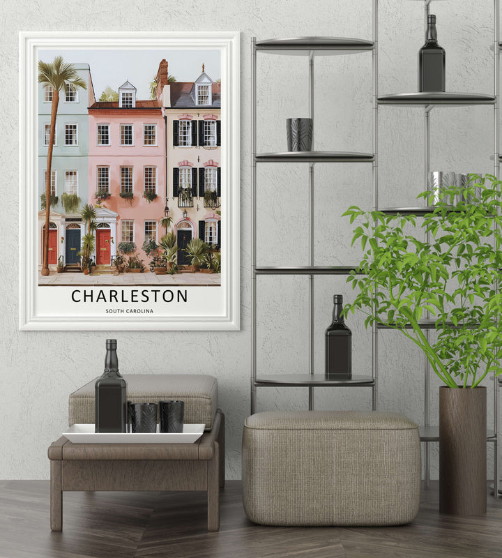 Charleston flat design realism travel poster illustrating the famous townhome architecture of South Carolina. This beautiful landscape wall art by MapYourDreams comes as an unframed poster, gallery canvas, or custom framed print.