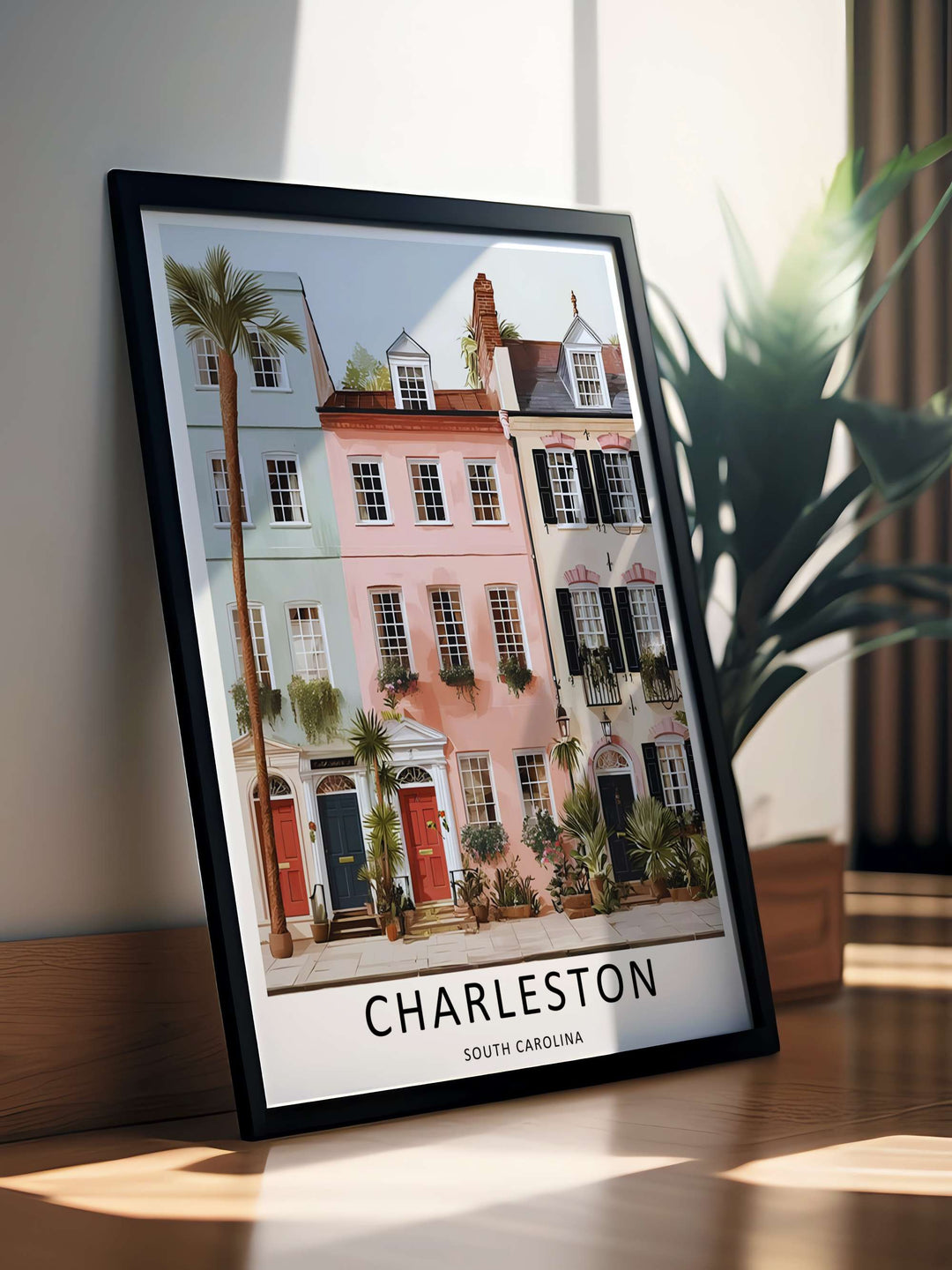 Charleston urban landscape art featuring a high-contrast view of historic facades with tropical palm fronds. A scenic travel poster from MapYourDreams, crafted expertly as an unframed print, wood-framed art, or canvas.