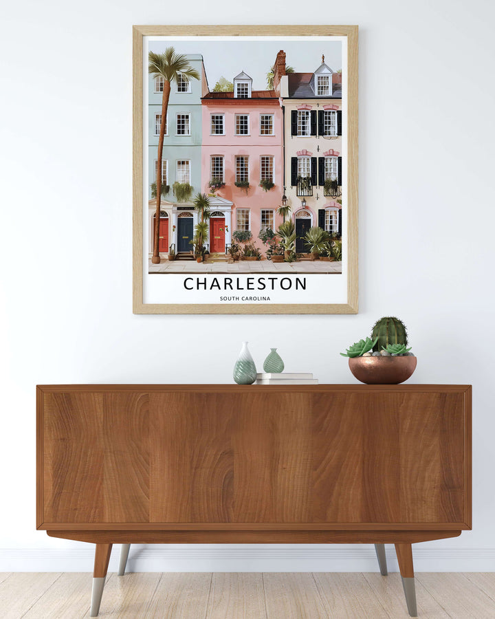 Charleston graphic art print showcasing the classic residential architectural style, grand historic entryways, and southern lifestyle. This decorative travel poster is perfectly suited for modern homes as a framed canvas print or simple paper poster.