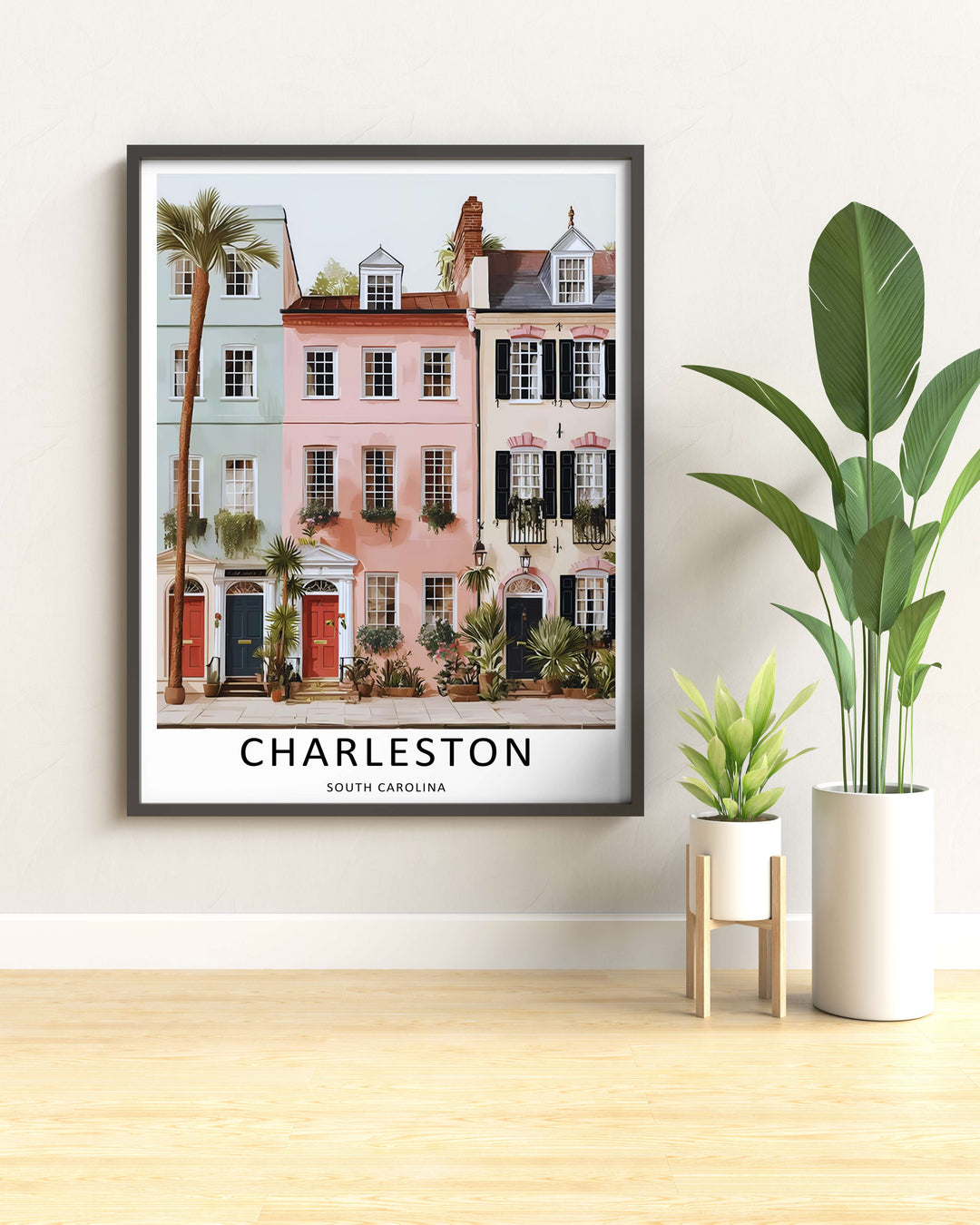 Fine art illustration of a southern street block with pastel homes and a tall landmark palmetto palm under a bright sky. MapYourDreams wall decor offered in multiple sizes as an unframed print, framed print, or luxury canvas.