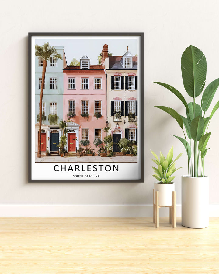 Fine art illustration of a southern street block with pastel homes and a tall landmark palmetto palm under a bright sky. MapYourDreams wall decor offered in multiple sizes as an unframed print, framed print, or luxury canvas.
