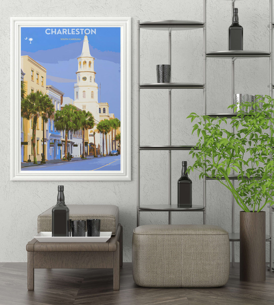 Charleston urban landscape art featuring a high-contrast look at a sun-drenched street with a prominent church landmark. A scenic travel poster from MapYourDreams, crafted expertly as an unframed print, wood-framed art, or canvas.
