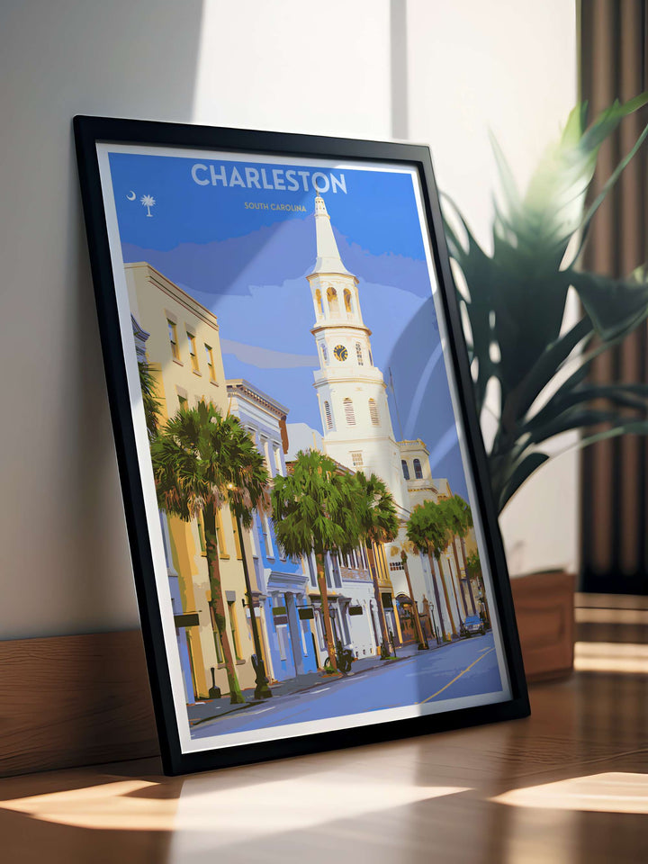 Charleston graphic art print showcasing the iconic Church Street architectural style, tall palm trees, and historic southern lifestyle. This decorative travel poster is perfectly suited for modern homes as a framed canvas print or simple paper poster.