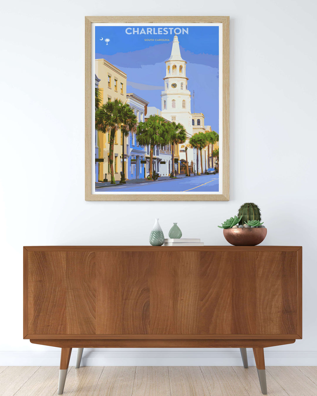 Fine art illustration of a southern street block with a tall white landmark steeple and palm trees under a bright blue sky. MapYourDreams wall decor offered in multiple sizes as an unframed print, framed print, or luxury canvas.