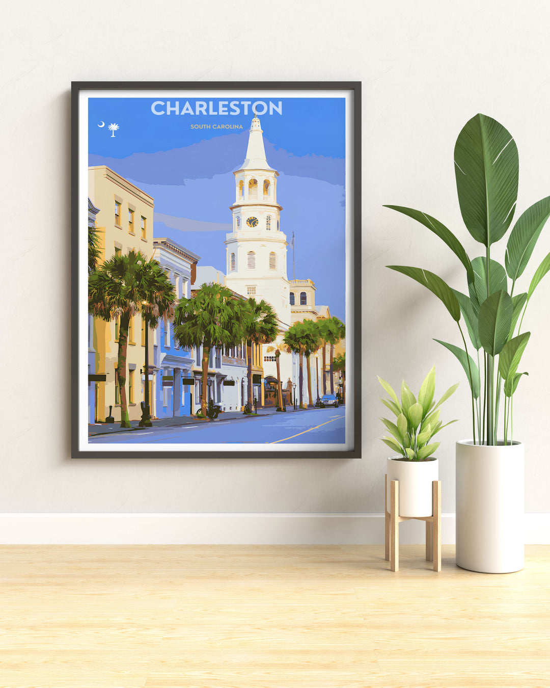 Charleston historic district destination art print highlighting the peaceful afternoon appearance of a coastal city center. Elevate your gallery wall with this MapYourDreams poster available in framed, canvas, and print formats.