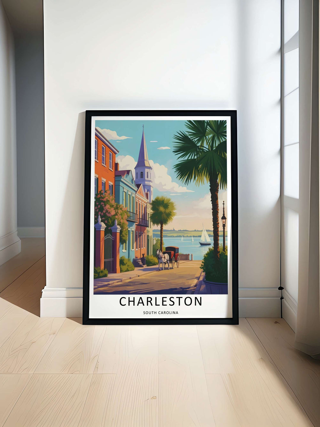 Charleston textured look at a historic street avenue with palmetto palm leaves and classic colorful southern houses near a glistening bay. A striking architecture wall print available from MapYourDreams as an unframed poster, framed art, or canvas.