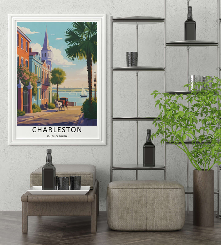 Charleston graphic realism travel artwork illustrating a peaceful afternoon promenade overlooking the southern coastline. This beautiful landscape wall art by MapYourDreams comes as an unframed poster, gallery canvas, or custom framed print.