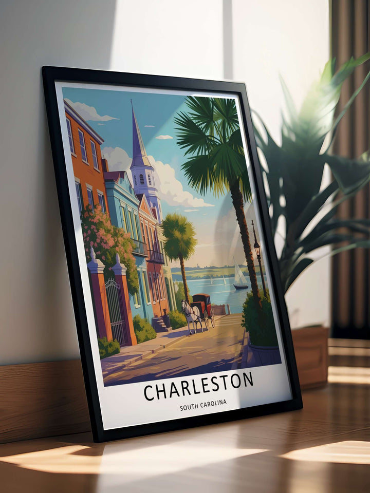 Charleston decorative travel art showcasing the iconic seaside row house style, grand historic balconies, and traditional lifestyle. This home decor piece is perfectly suited for modern rooms as a framed canvas print or simple paper poster.