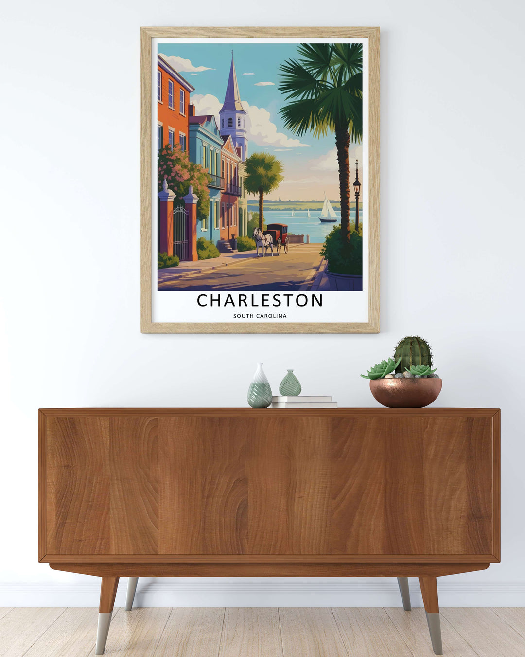 Charleston fine art illustration of a coastal block with a traditional carriage ride, grand buildings, and a distant harbor tower. MapYourDreams wall decor offered in multiple sizes as an unframed print, framed print, or luxury canvas.