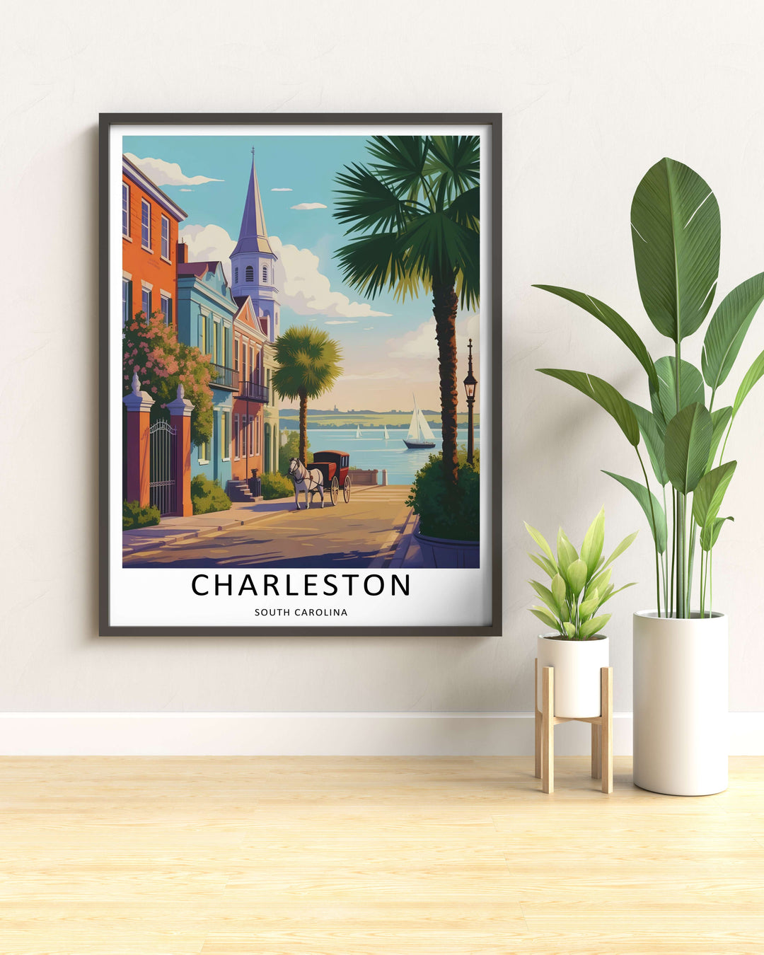 Charleston residential destination art print highlighting the peaceful afternoon appearance of a historic coastal city center. Elevate your gallery wall with this MapYourDreams poster available in framed, canvas, and print formats.