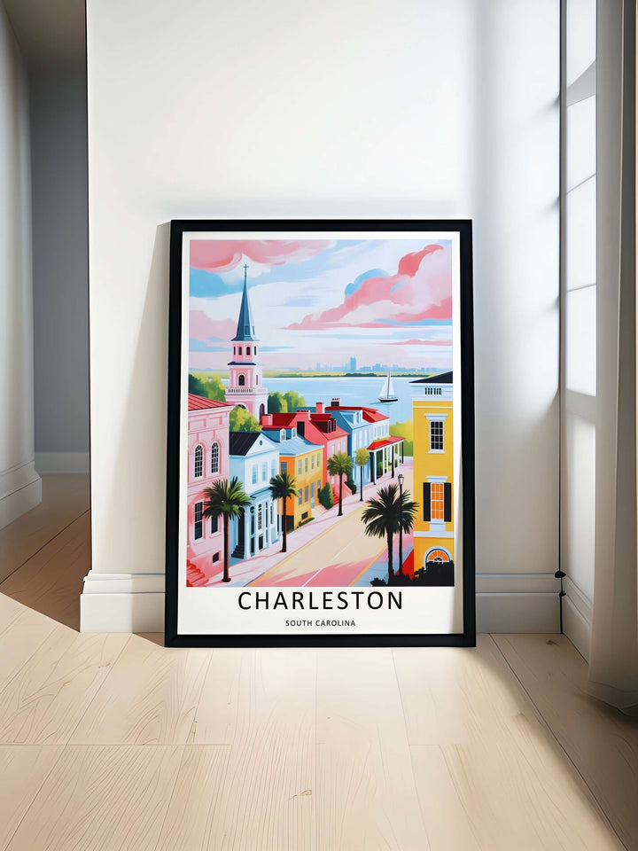 Decorative travel art showcasing the iconic seaside townhouse style, columned balconies, and a warm golden hour lifestyle. This home decor piece is perfectly suited for modern rooms as a framed canvas print or simple paper poster.