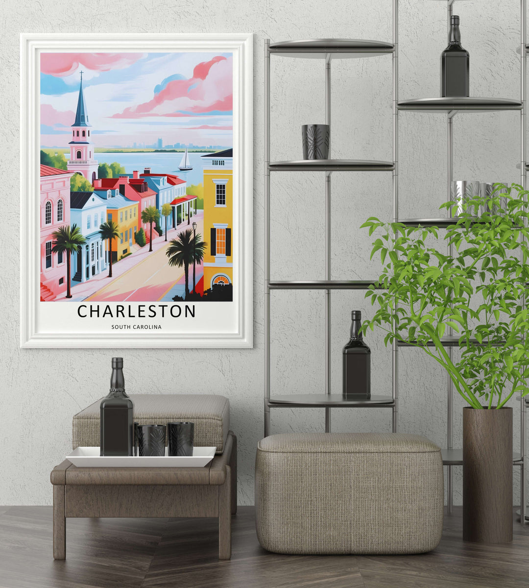 A multi-tiered pink and white church steeple rises over bright yellow and blue townhouses in a sunset travel illustration. High-quality wall decor available in versatile framed, canvas, and unframed print options.