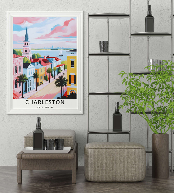A multi-tiered pink and white church steeple rises over bright yellow and blue townhouses in a sunset travel illustration. High-quality wall decor available in versatile framed, canvas, and unframed print options.