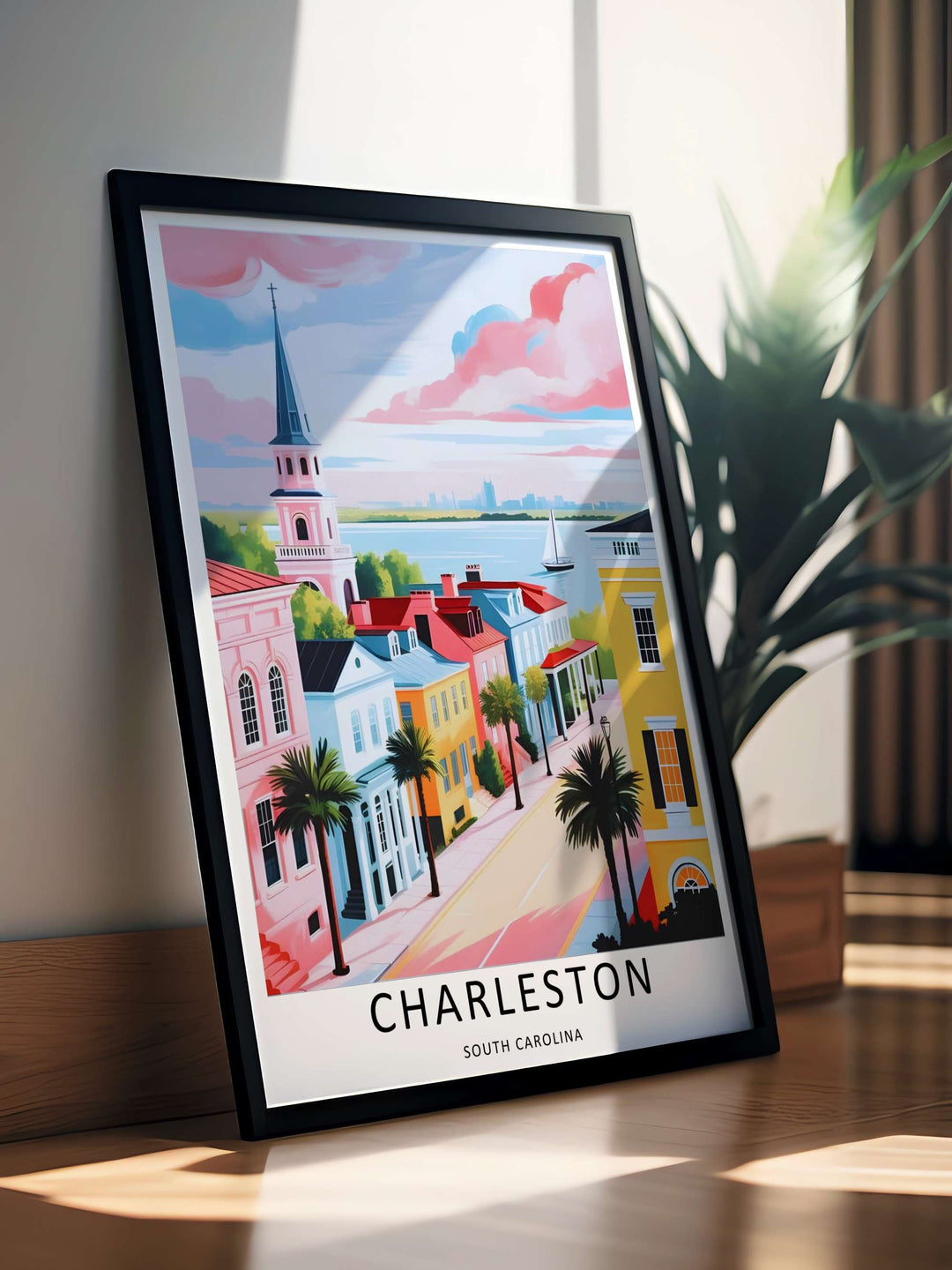 Fine art illustration of a coastal block with an elevated street layout, grand pastel buildings, and a distant harbor tower. MapYourDreams wall decor offered in multiple sizes as an unframed print, framed print, or luxury canvas.