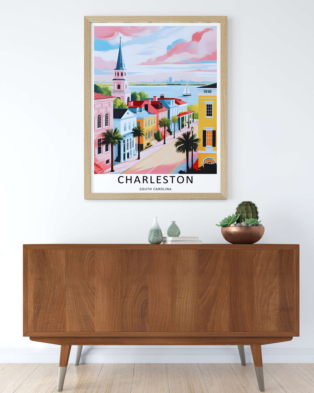 Residential destination art print highlighting the dreamy sunset appearance of a historic coastal city center center. Elevate your gallery wall with this MapYourDreams poster available in framed, canvas, and print formats.