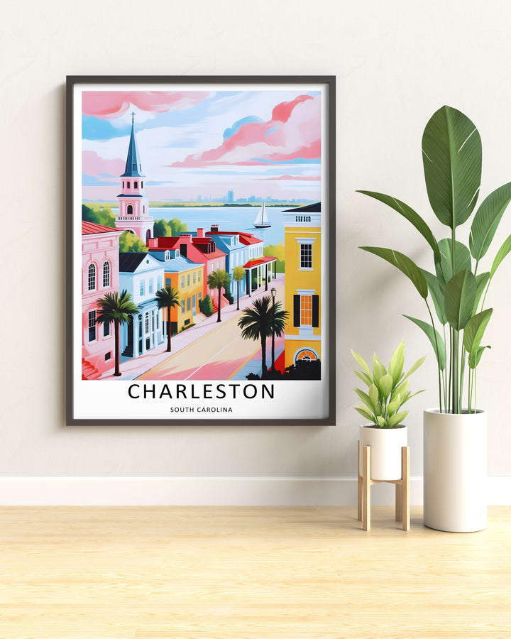 Textured look at a historic street avenue with palmetto palm leaves and classic yellow southern houses near a glistening sunset bay. A striking architecture wall print available from MapYourDreams as an unframed poster, framed art, or canvas.