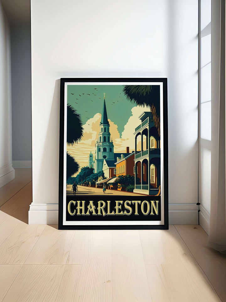 Historic church tower standing tall over elegant townhomes and large palmetto tree silhouettes on Charleston South Carolina. A striking poster design perfect for living room decor as a canvas print, framed art, or poster.