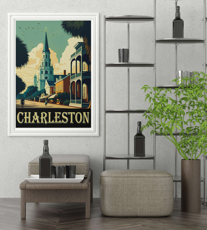 Charleston coastal print showing a historic street layout and grand columns under a warm twilight sky. High-quality wall decor available in versatile framed, canvas, and unframed print options.
